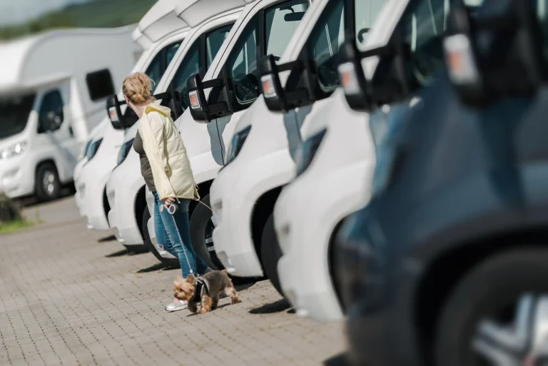 Woman looking at Motorhomes with her dog